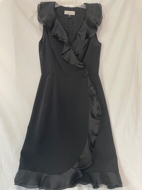 Teri Jon by Rickie Freeman Black Wrap 100% Silk Dress with Ruffle Accents